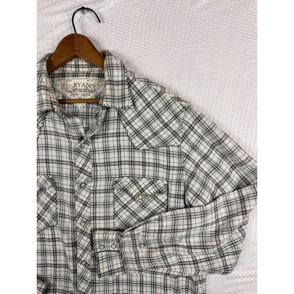Ryan Michael Mens Large Western Plaid Pearl Snap Cotton Shirt White Black Yoke